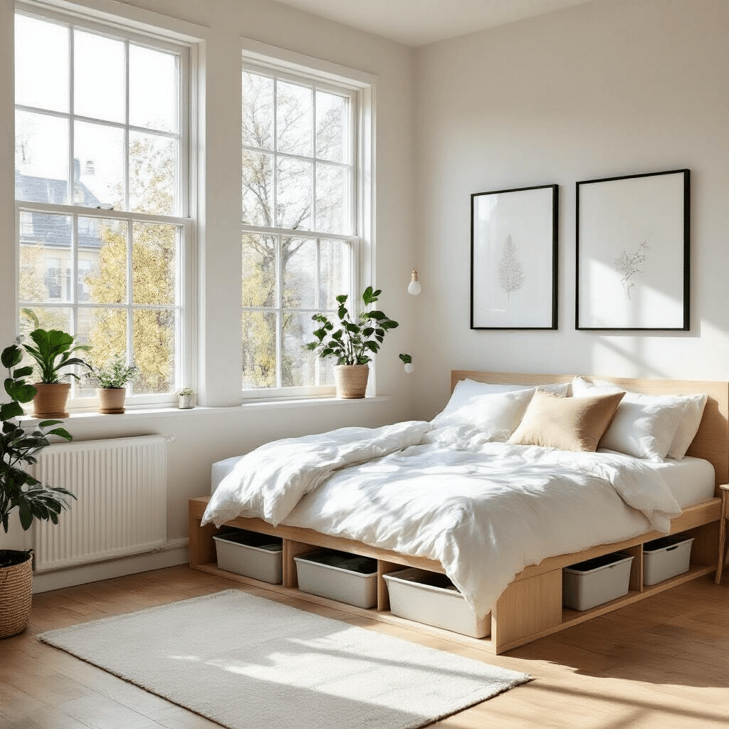 Scandinavian-style bedroom featuring a light wood platform bed with white linens and a beige accent pillow, natural light streaming through large windows, minimal wall art, hardwood floors with a small white area rug, and potted plants on the windowsill, captured from a side angle.
