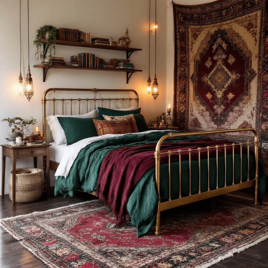 A cozy Bohemian bedroom featuring a brass bed frame adorned with emerald and burgundy throws, surrounded by mixed-pattern textiles. Wall-mounted shelves showcase travel mementos and vintage books. A Moroccan-inspired area rug lies over dark hardwood floors, while string lights and candles cast a warm glow. A rich tapestry serves as a headboard backdrop, all captured from a corner perspective in low light, creating an eclectic and intimate atmosphere.