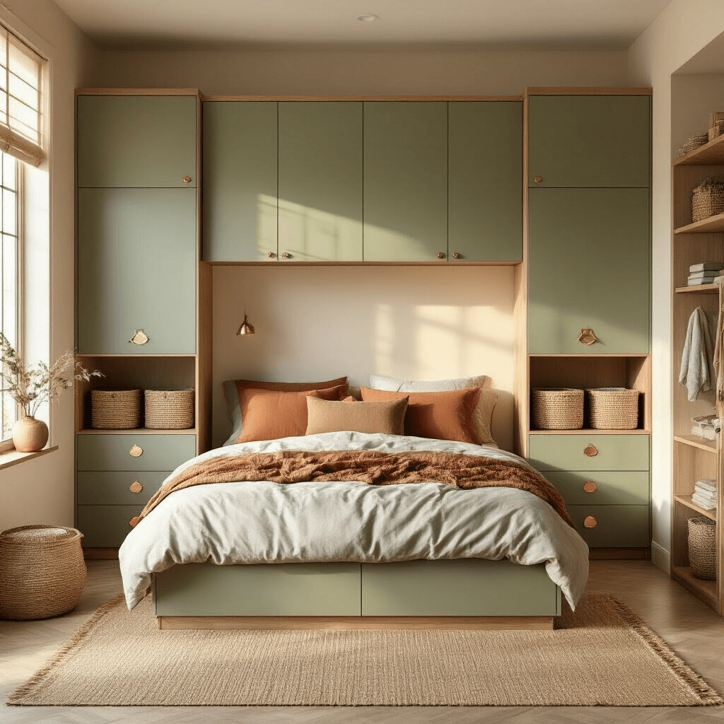 A contemporary bedroom with a sage green and natural wood modular cupboard system, warm golden hour lighting, geometric storage units by the bed, brass pulls, woven baskets, textured cream walls, terracotta pillows, and a jute rug, captured from a low angle to highlight vertical storage.