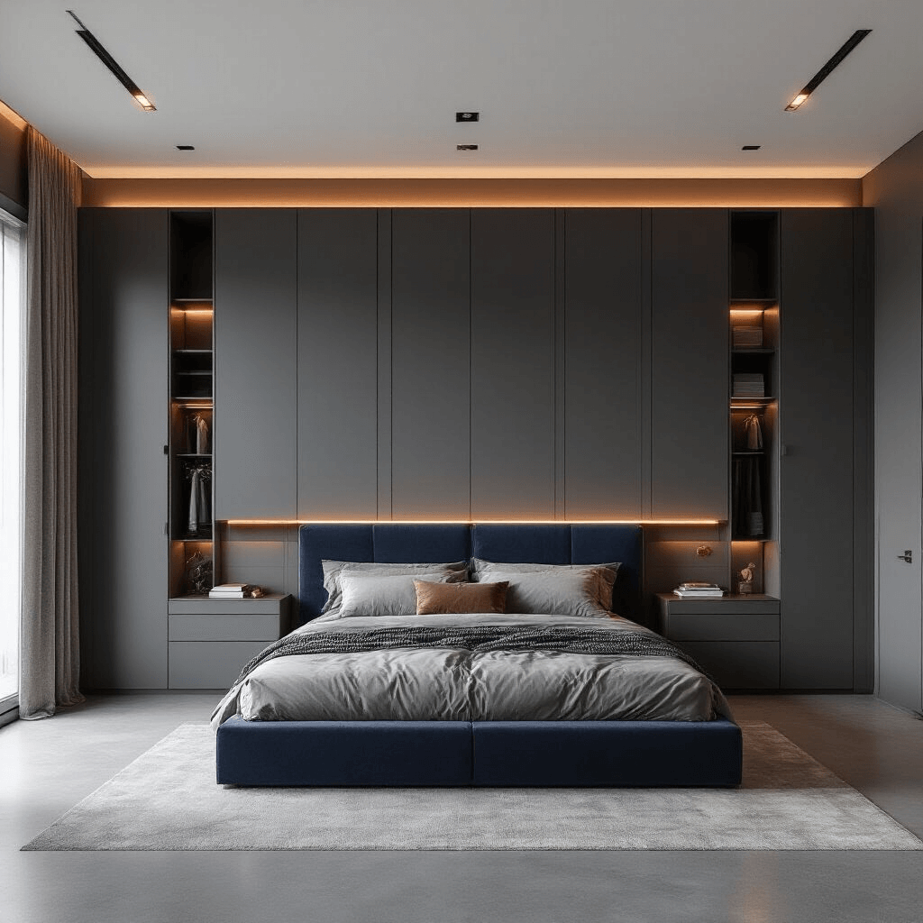 Spacious master bedroom featuring charcoal gray floor-to-ceiling cupboards, evening LED lighting, navy velvet headboard, polished concrete floors, and metallic copper accents.