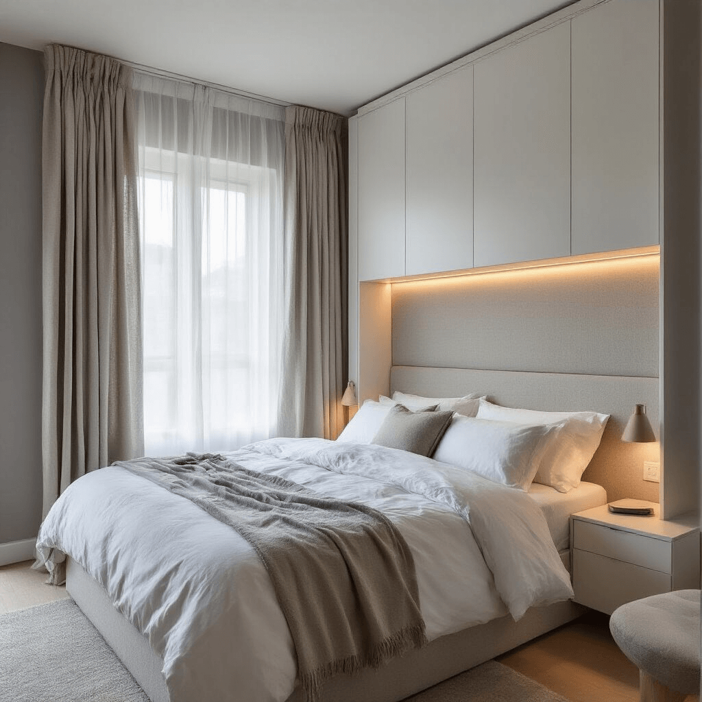 Clever bedroom design with hidden storage behind an upholstered headboard, soft morning light through partially drawn blackout curtains, featuring push-to-open mechanisms, matte white surfaces, built-in reading lights, and floating side tables against warm gray walls and crisp white bedding with natural linen textures.
