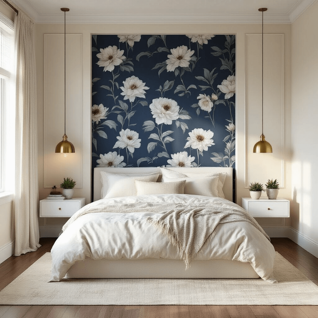 Photorealistic small bedroom featuring soft cream walls with gray undertones and a dramatic navy botanical wallpaper accent wall. A white platform bed is adorned with layered ivory linen bedding and textured throw pillows, illuminated by morning golden light through sheer curtains. Floating white nightstands with brass table lamps and ceramic succulents complement the hardwood floors and cream area rug in an intimate 10x12 foot space.