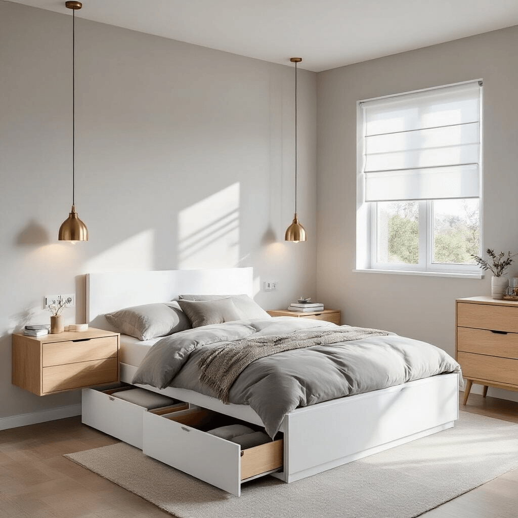 Compact bedroom with a white platform storage bed, light oak wall-mounted nightstands, and a slim dresser, illuminated by daylight through white roller blinds, featuring minimalist brass pendant lights and under-bed storage, all highlighting a neutral palette and clean lines.