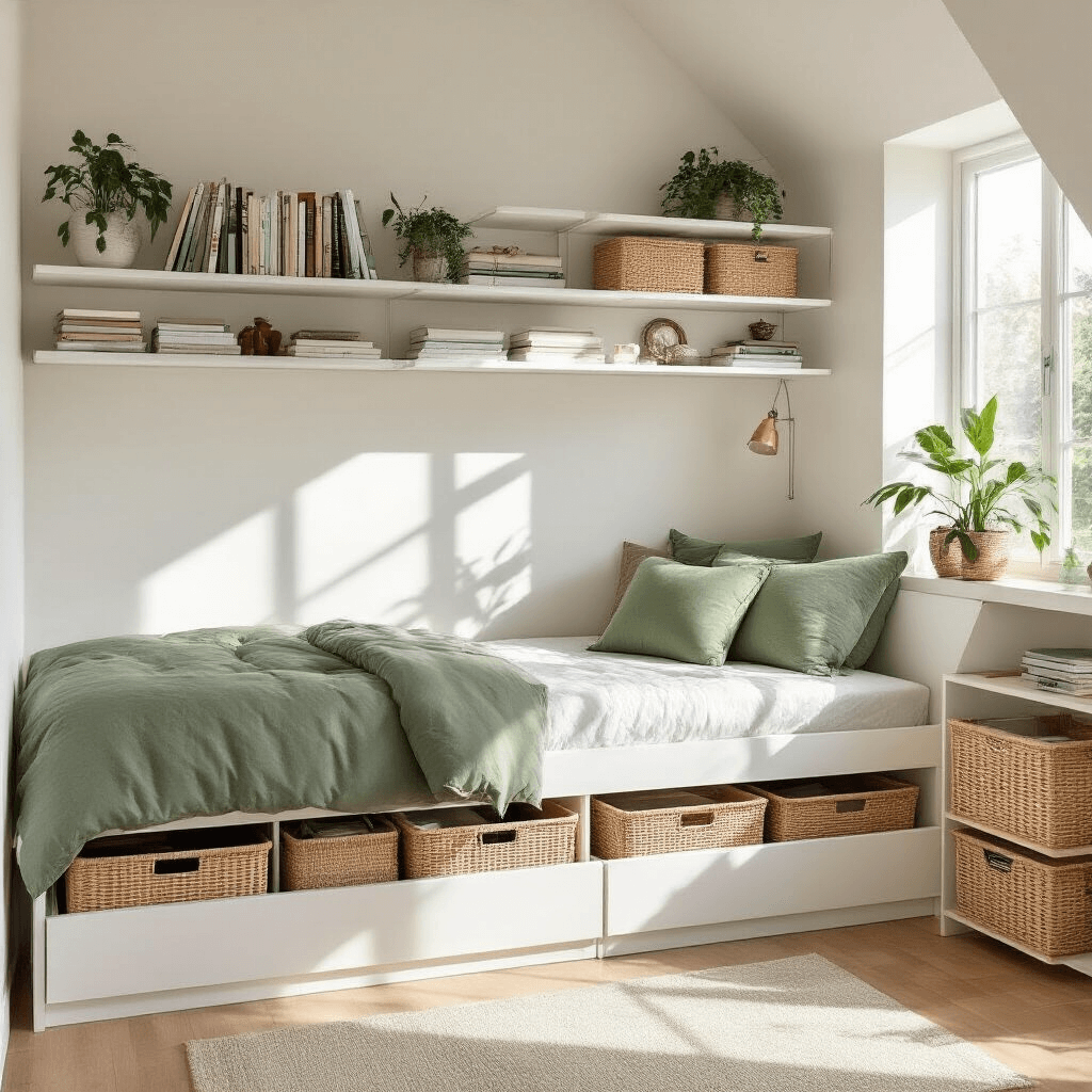 A small bedroom featuring floor-to-ceiling white floating shelves filled with books and plants, an over-bed storage system with woven baskets, and wall-mounted organizers, all illuminated by afternoon light casting geometric shadows. The room has white walls, light hardwood floors, a platform bed with sage green accent pillows, and under-bed pull-out bamboo containers, showcasing a tidy, organized design in an 8x10 space with slanted ceiling details.
