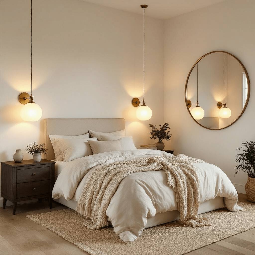 Intimate bedroom featuring warm brass wall sconces, a delicate pendant light in a reading corner, and a large circular mirror reflecting soft evening light, with cream bedding, a chunky knit throw, and textured white walls, all set in a cozy 10x10 room with pale oak floors and a natural fiber rug.