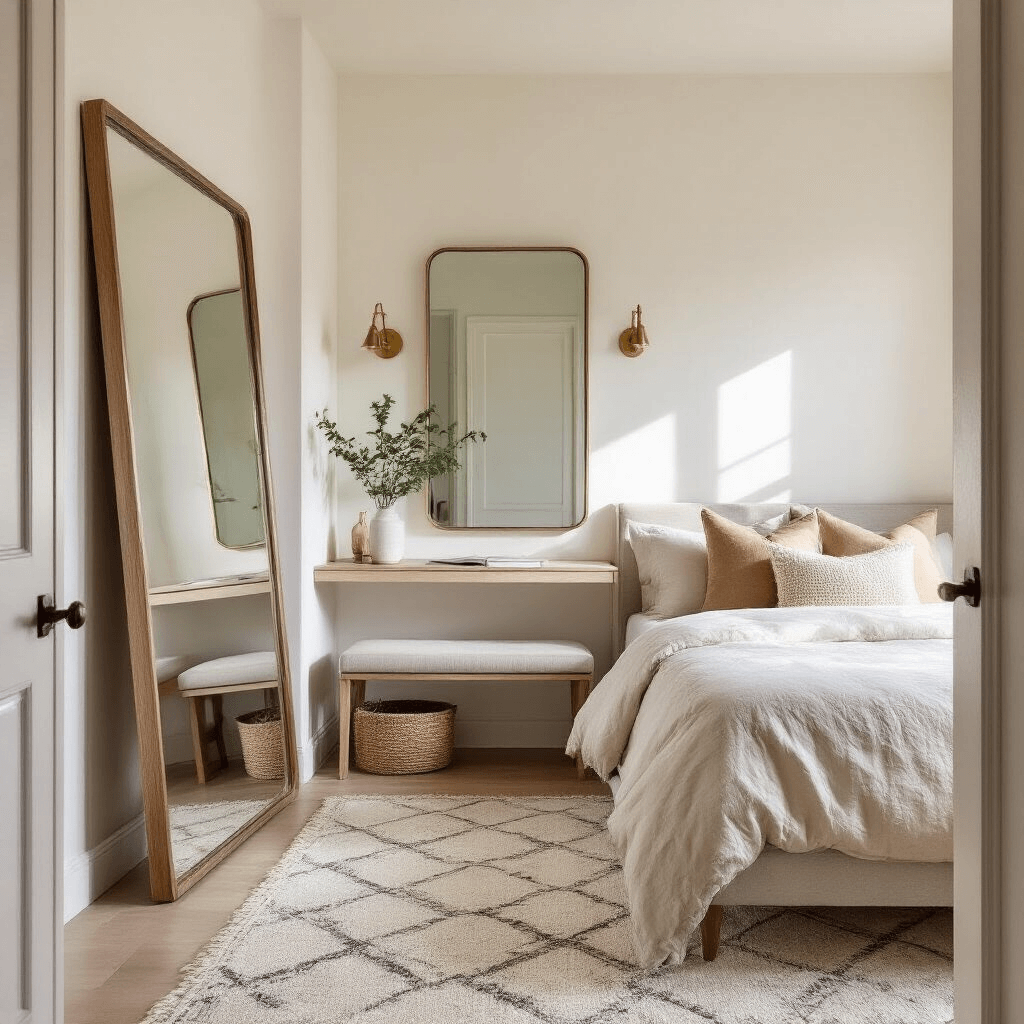 A stylish small bedroom featuring a queen platform bed, oversized leaning mirror, slim storage bench, and wall-mounted desk that serves as a nightstand, all bathed in natural afternoon light on soft white walls. The room showcases oatmeal linen bedding, brass hardware accents, and a geometric area rug in neutral tones, with clear pathways enhancing the sense of space in a compact 9x12 layout.