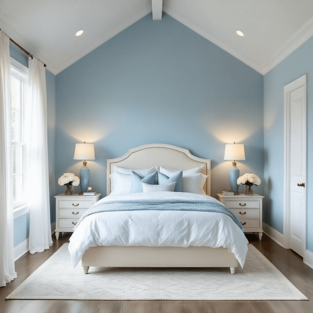 A spacious master bedroom featuring a powder blue accent wall, vaulted ceiling, and white crown molding, with soft morning light filtering through sheer curtains. The room includes a queen bed with white linens and light blue throw pillows, layered cream area rug, distressed white nightstands with brass hardware, and fresh white peonies in glass vases. Pale blue ceramic table lamps provide warm lighting, enhancing the serene atmosphere.