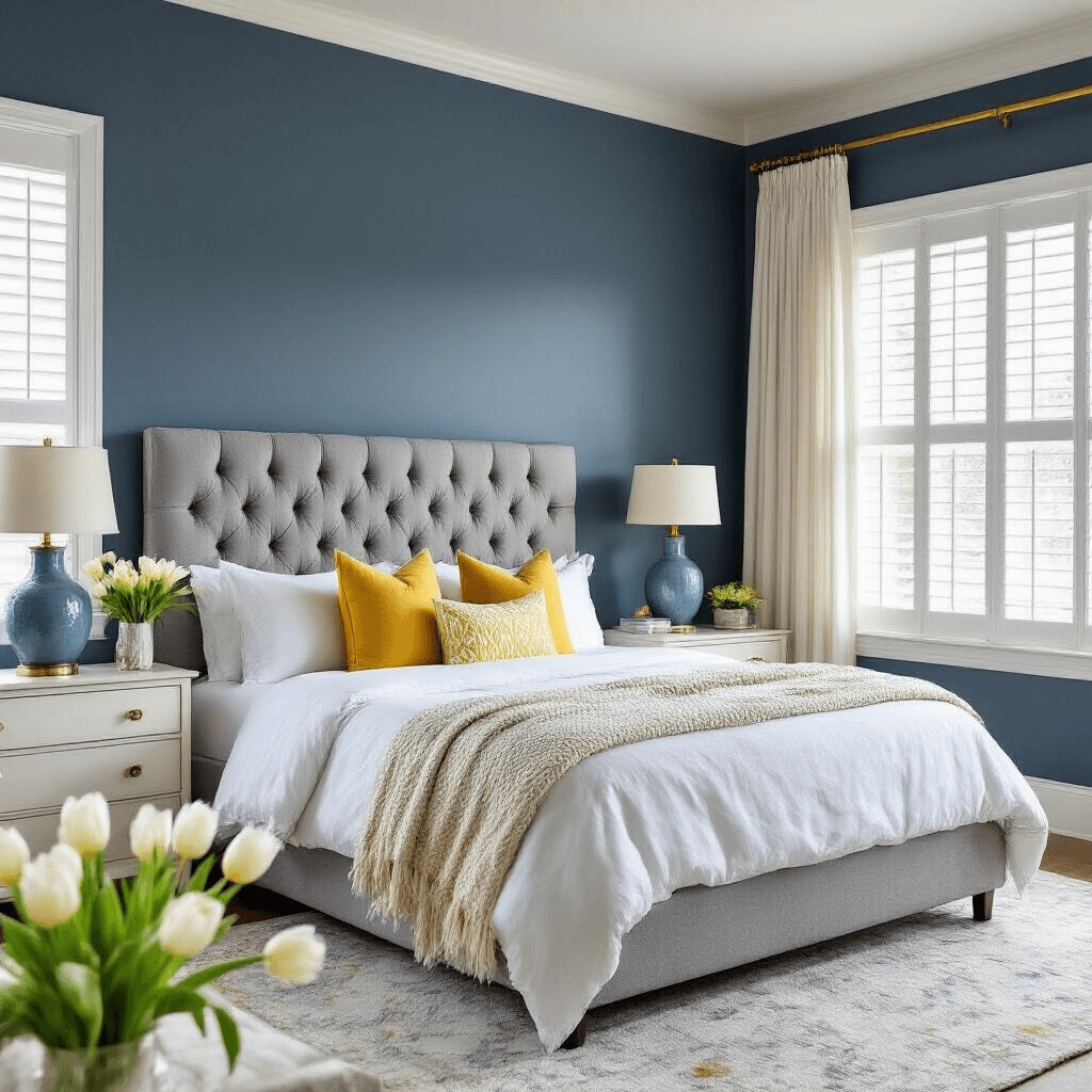 Elegant bedroom featuring a slate blue accent wall, tufted gray headboard, and king bed with cream linens and yellow pillows. Soft afternoon light filters through white plantation shutters, illuminating a cozy seating area with a chunky knit throw, geometric rug, and dusty blue ceramic lamps. A white oak dresser with a gold mirror and fresh white tulips completes the sophisticated transitional atmosphere.