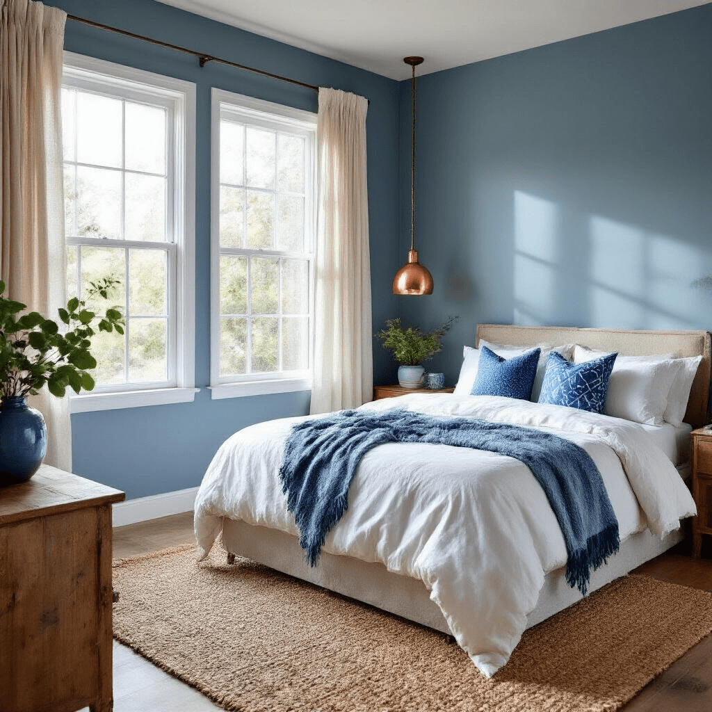 Cozy 10x11 bedroom with blue undertone walls and east-facing windows, featuring a double bed with a white duvet and blue geometric pillows, natural jute rug, reclaimed wood nightstand, copper pendant lights, and blue-green ceramic accessories, illuminated by warm early morning light that highlights color transitions.