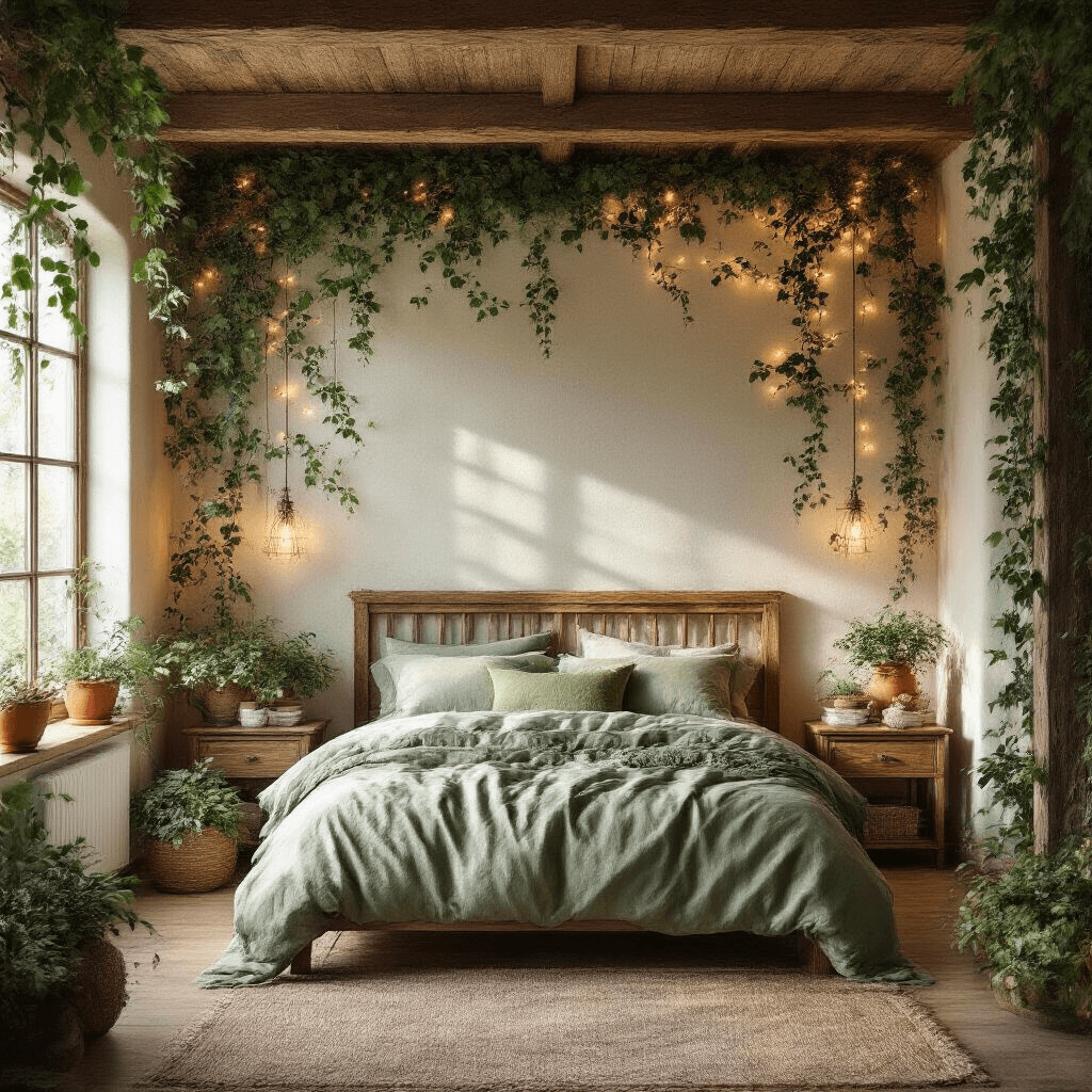 Serene bedroom with exposed wooden beams and trailing ivy, soft morning light illuminating emerald moss accents and terracotta pots, rustic oak bed with berry string lights, and sage green linen bedding, showcasing organic textures and earthy colors.