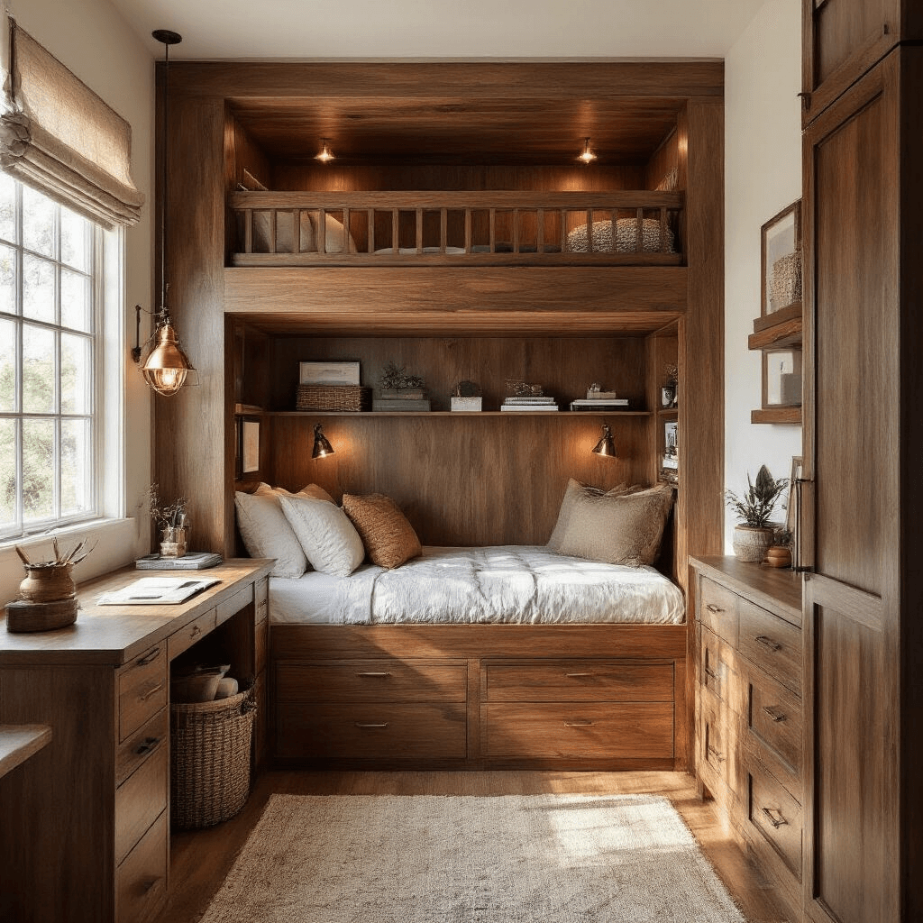 Cozy micro bedroom featuring a loft bed with rich walnut wood tones, built-in storage, and a compact crafting area beneath, illuminated by warm afternoon light and copper lanterns, in an earth-tone palette with brass accents.