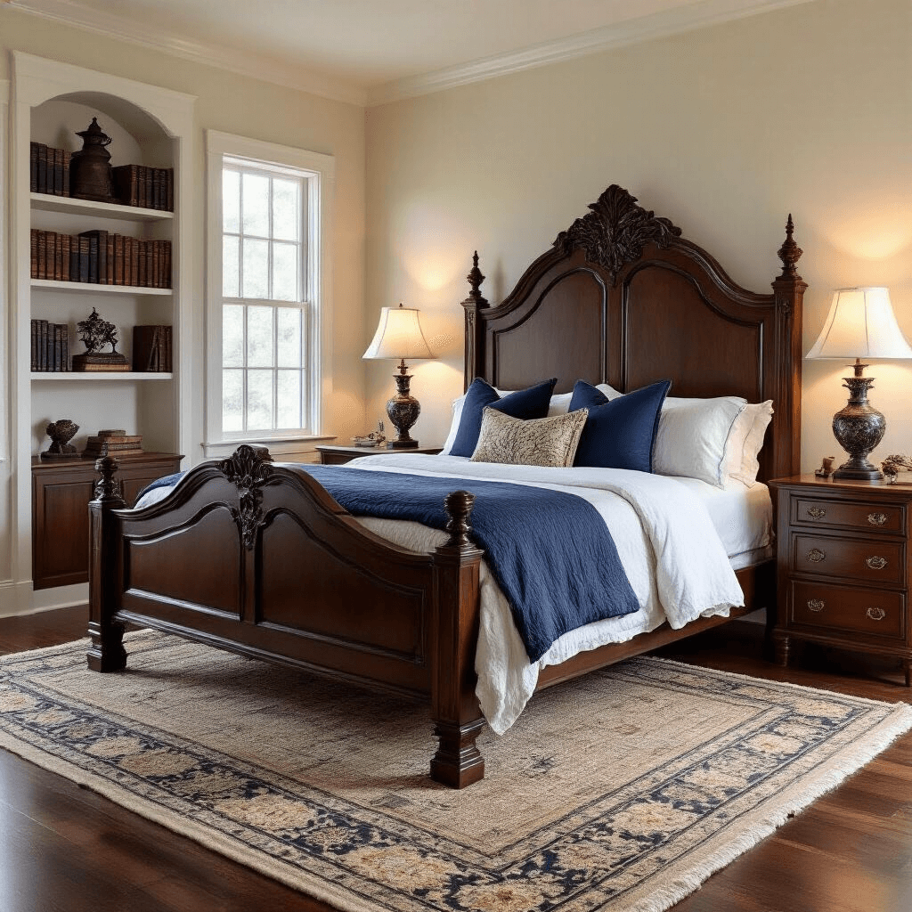 Classic traditional bedroom with a symmetrical double bed featuring a carved wooden headboard, matching nightstands, and vintage armor stand, accented by soft evening lamplight, a navy blue and cream color scheme, a woven area rug on polished hardwood floors, and a built-in bookshelf wall.