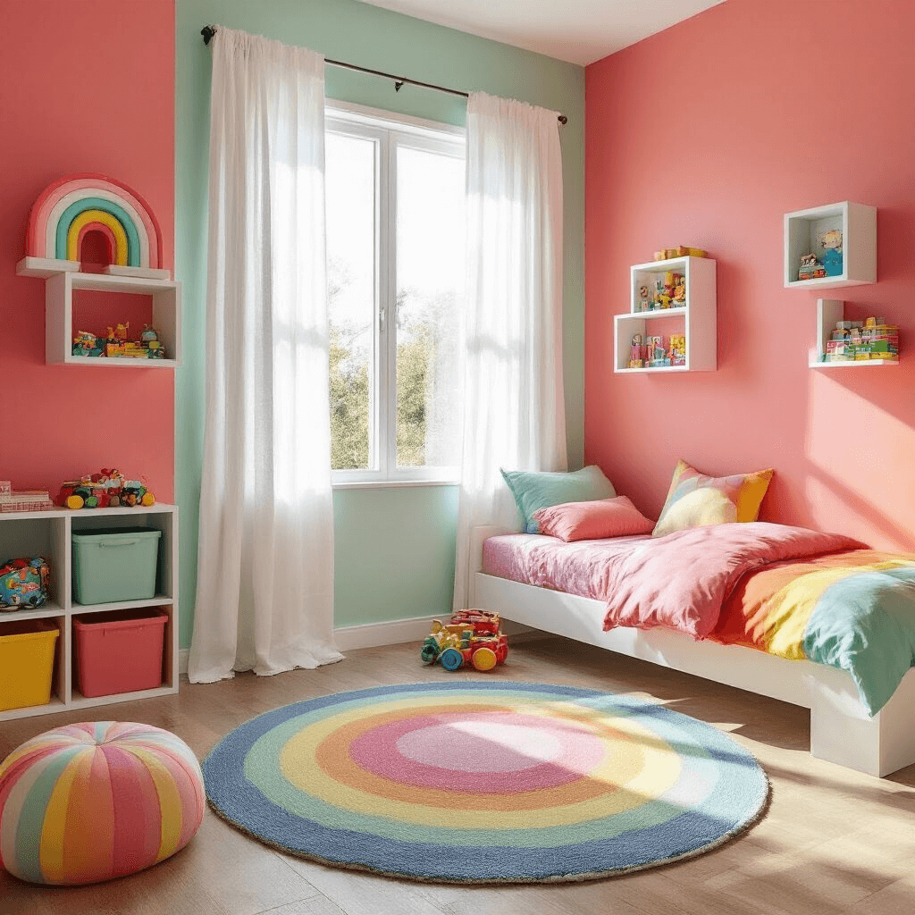 A vibrant kids' bedroom with coral pink and mint green color-blocked walls, featuring a twin platform bed with rainbow bedding. Morning sunlight filters through white curtains, illuminating colorful toy-filled floating cube shelves and a plush area rug, all captured from a child's eye level.