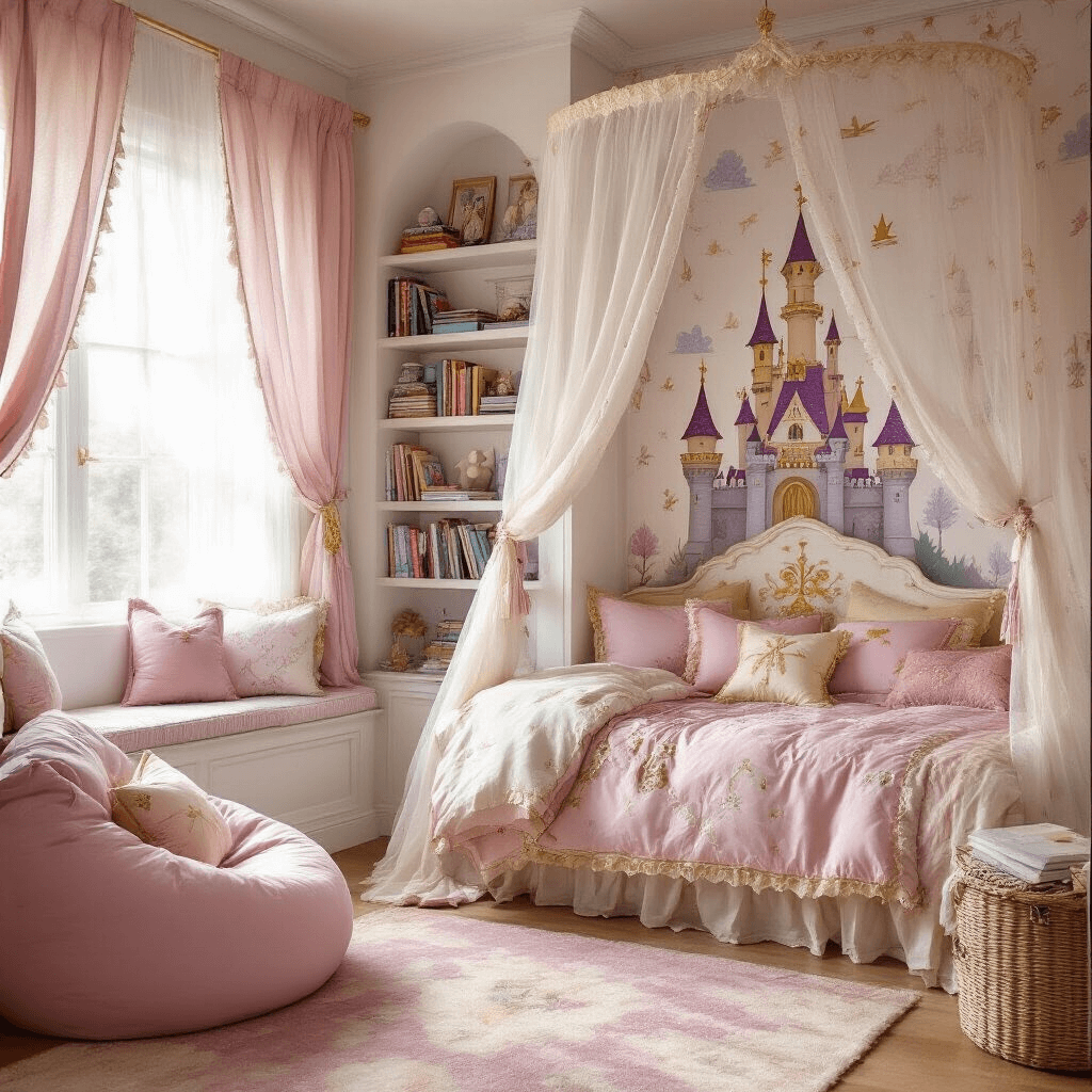 Whimsical storybook bedroom with castle-themed wallpaper, pink and gold canopy bed, and cozy reading nook featuring a bean bag chair, bathed in soft afternoon light.