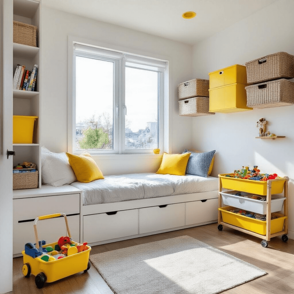 Low-angle shot of a modern kids' room featuring innovative storage solutions, including a built-in bed with under-drawer storage, wall-mounted baskets, and a rolling toy cart, set against clean white walls with bright yellow accents and natural daylight from large windows.