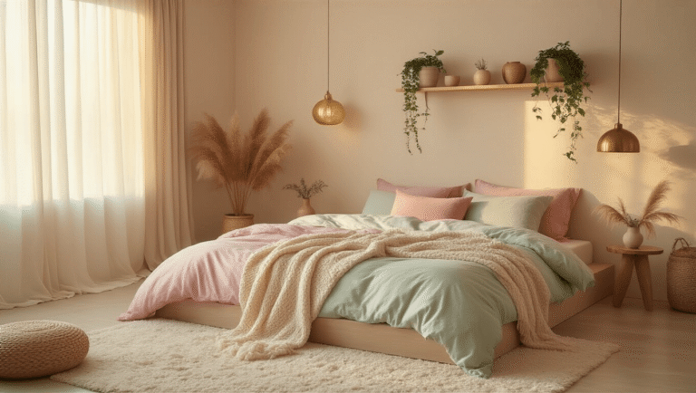 Aesthetic Bedroom Ideas 2025: Transform Your Space with Style and Comfort A cozy, pastel-colored bedroom featuring a low platform bed with soft linens, chunky knit blanket, and scattered pillows, illuminated by warm golden hour light streaming through sheer curtains, with a minimalist decor of wooden shelves, plants, and fairy lights, all creating an inviting and lived-in aesthetic.
