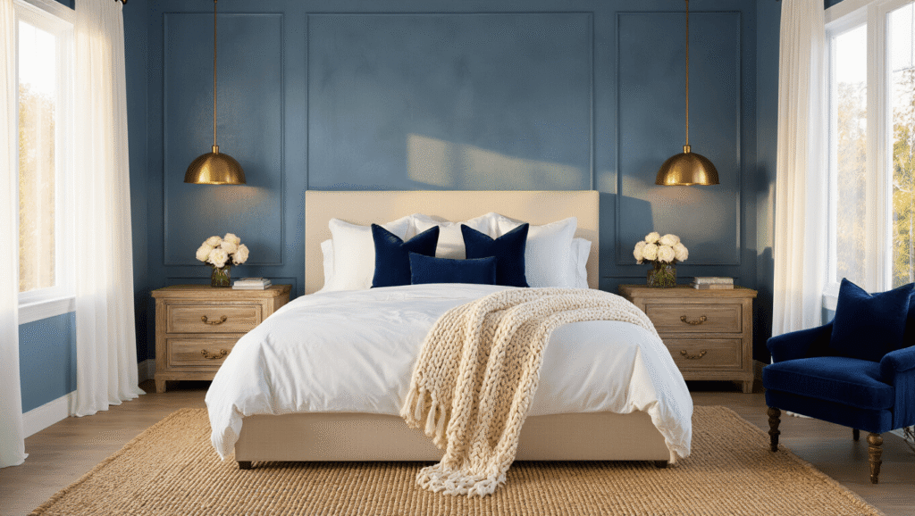 Cinematic wide-angle shot of an elegant master bedroom with powder blue accent walls, a luxurious king-size bed adorned with white linens and navy blue pillows, weathered oak nightstands, and a navy velvet accent chair, all bathed in warm golden hour light filtering through sheer curtains, showcasing rich textures and serene color transitions.