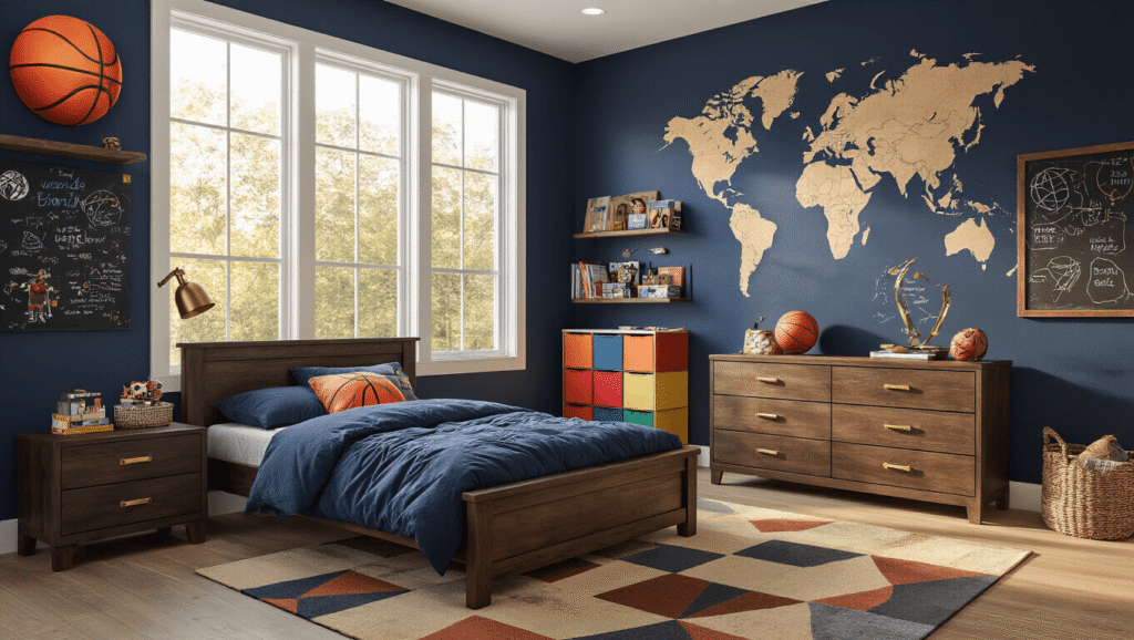 Epic Boys' Bedroom Ideas: Creating a Space They'll Love A spacious modern boy's bedroom featuring a navy blue accent wall with basketball decals, dark wooden bed frame, adventure-themed world map mural, and cozy reading nook, bathed in warm golden hour sunlight.