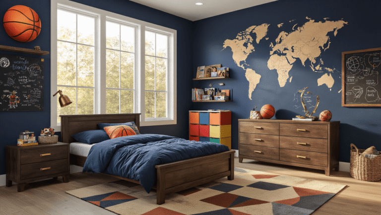 Epic Boys' Bedroom Ideas: Creating a Space They'll Love A spacious modern boy's bedroom featuring a navy blue accent wall with basketball decals, dark wooden bed frame, adventure-themed world map mural, and cozy reading nook, bathed in warm golden hour sunlight.