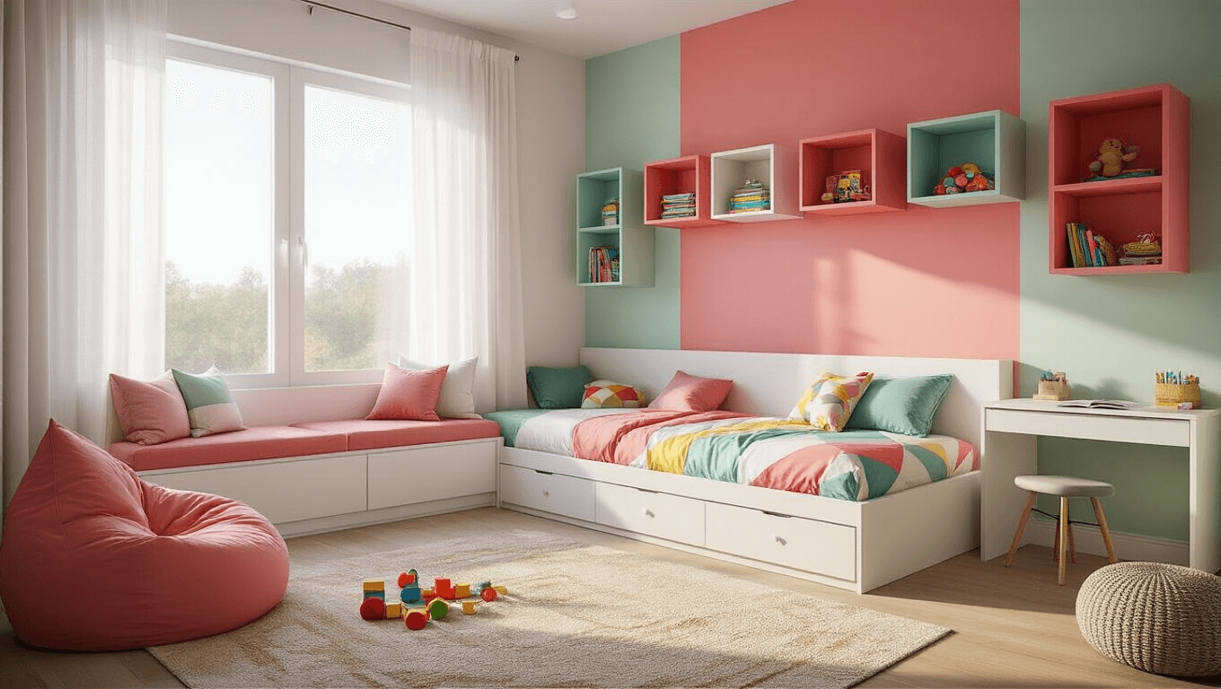 Cinematic wide-angle shot of a colorful kids' bedroom with coral pink and mint green accent walls, featuring a white twin bed, vibrant geometric bedding, floating shelves with toys and books, a cozy reading nook, a study corner, and an open play area, all illuminated by warm golden hour sunlight filtering through sheer curtains.