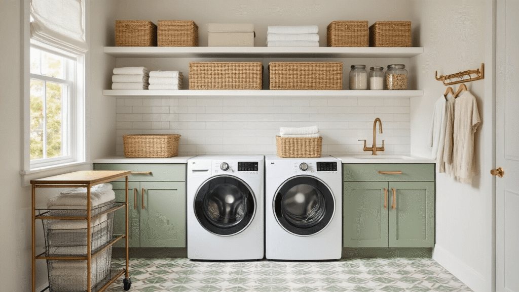 A compact modern laundry room featuring stacked white appliances, sage green cabinets, floating shelves with woven baskets, and a geometric patterned floor, all illuminated by natural light and ambient LED glow.