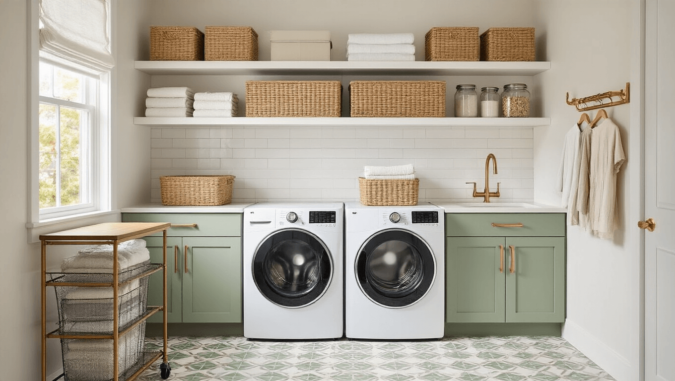A compact modern laundry room featuring stacked white appliances, sage green cabinets, floating shelves with woven baskets, and a geometric patterned floor, all illuminated by natural light and ambient LED glow.