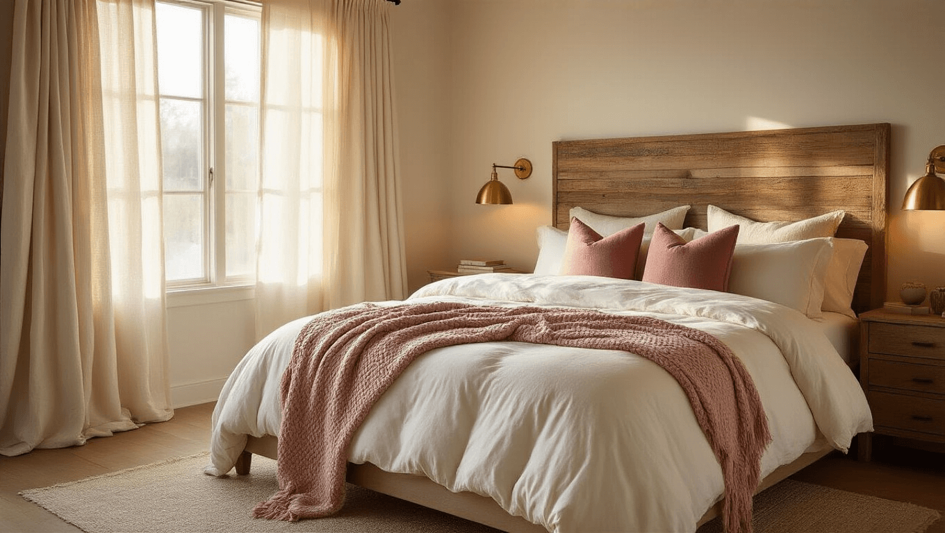 Cinematic wide-angle shot of a luxurious cozy bedroom sanctuary with a king-size platform bed, layered bedding textures, warm golden hour lighting, and natural materials, featuring a shiplap accent wall, floating nightstands, and a vintage Persian rug.