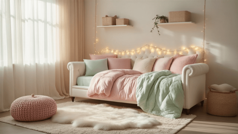 Cute Bedroom Ideas: Transform Your Space into a Cozy Haven of Personal Style Cinematic wide-angle shot of a cozy pink and mint green bedroom featuring a plush daybed, fairy lights, faux fur rug, and warm morning sunlight streaming through sheer curtains, evoking a creative and inviting atmosphere.