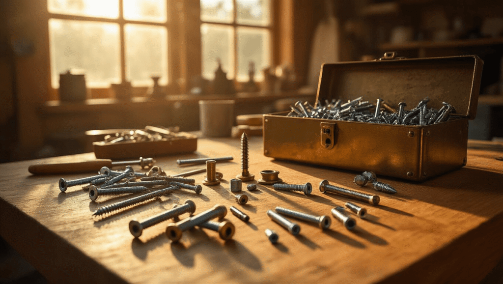 Ultimate Guide to Understanding Screw Types: Your Complete Reference Cinematic wide-angle shot of a warm craftsman's workshop featuring an organized oak workbench scattered with various types of gleaming screws, an antique brass toolbox, dramatic side-lighting, and a soft-focus background, emphasizing craftsmanship and precision.