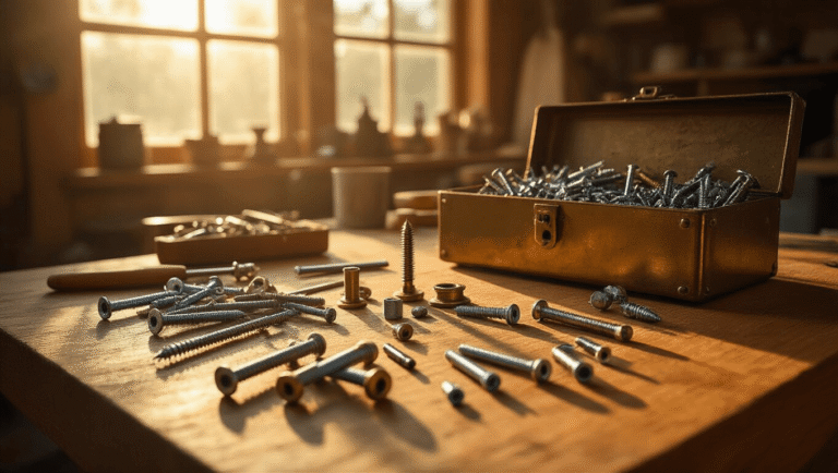 Ultimate Guide to Understanding Screw Types: Your Complete Reference Cinematic wide-angle shot of a warm craftsman's workshop featuring an organized oak workbench scattered with various types of gleaming screws, an antique brass toolbox, dramatic side-lighting, and a soft-focus background, emphasizing craftsmanship and precision.