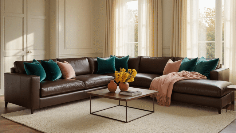 Colors That Perfectly Complement Dark Brown: A Comprehensive Style Guide Elegant living room with dark brown leather sectional sofa, teal velvet pillows, blush pink throws, and sage green cushions, illuminated by golden hour sunlight through sheer cream curtains, featuring a cream wool rug and walnut coffee table with ceramic vases and fresh mustard yellow flowers, all harmonized with olive green accents and natural wood decor.