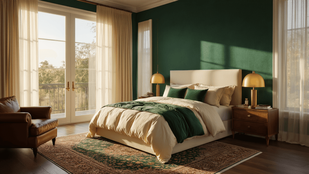 Transforming Your Bedroom: The Ultimate 2025 Decor Guide Cinematic wide-angle shot of a luxurious emerald green master bedroom with creamy bedding, golden hour lighting, and rich textures, featuring velvet pillows, brass lamps, ornate Persian rug, and natural decor.