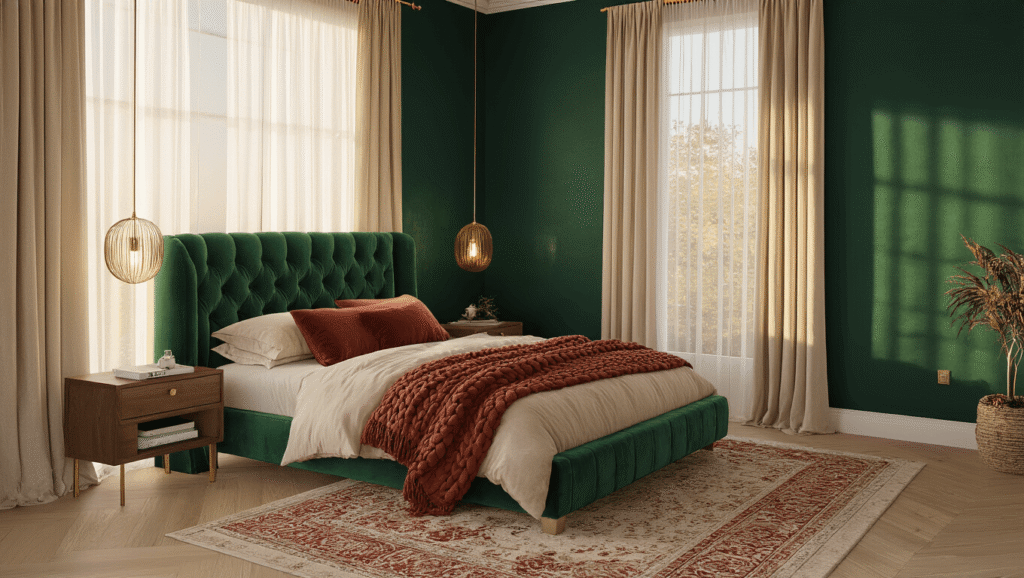 Bedroom Design Trends 2025: Creating Your Ultimate Sanctuary Luxurious master bedroom sanctuary featuring an emerald velvet tufted headboard, warm golden hour lighting, and rich textures on polished hardwood floors, with ambient light from brass pendants and soft LED accents.