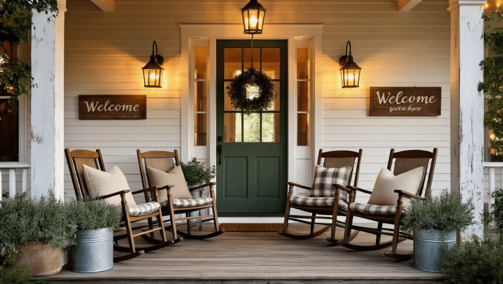 Cinematic wide shot of a cozy farmhouse front porch at golden hour, featuring vintage rocking chairs, a hunter green door, weathered siding, and inviting decorations like eucalyptus planters and glowing string lights.