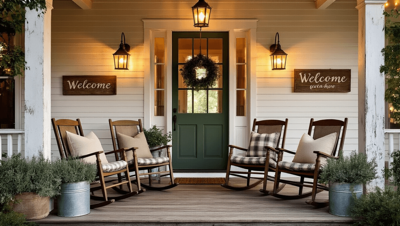 Cinematic wide shot of a cozy farmhouse front porch at golden hour, featuring vintage rocking chairs, a hunter green door, weathered siding, and inviting decorations like eucalyptus planters and glowing string lights.
