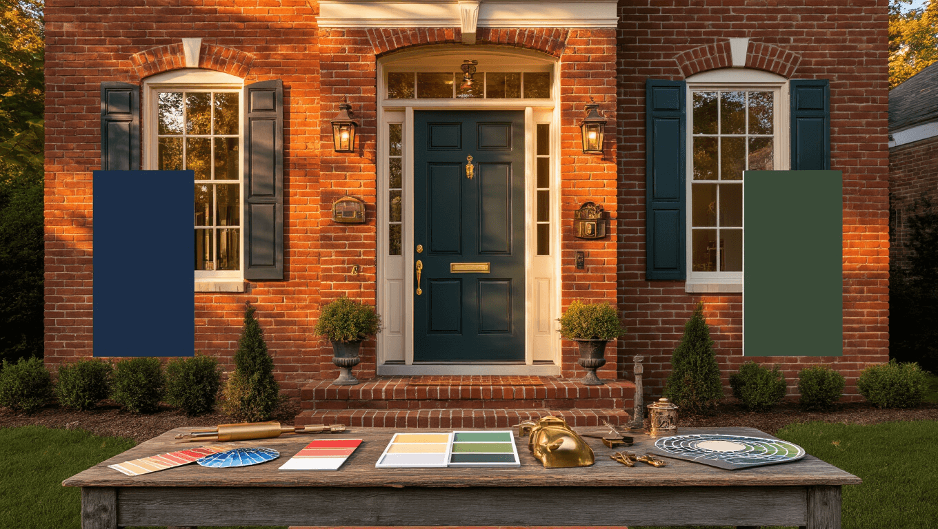 Cinematic wide-angle shot of a brick home entrance showcasing various front door color samples and hardware options during golden hour, with warm amber lighting highlighting textures and inviting atmosphere.