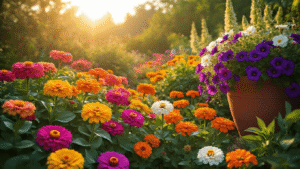 15+ Full Sun Annuals That Will Transform Your Garden into a Colorful Paradise Cinematic wide shot of a vibrant sun-drenched garden featuring jewel-toned zinnias, cascading petunias, and bold marigolds, all illuminated by warm golden hour light with rustic elements and soft background blur.