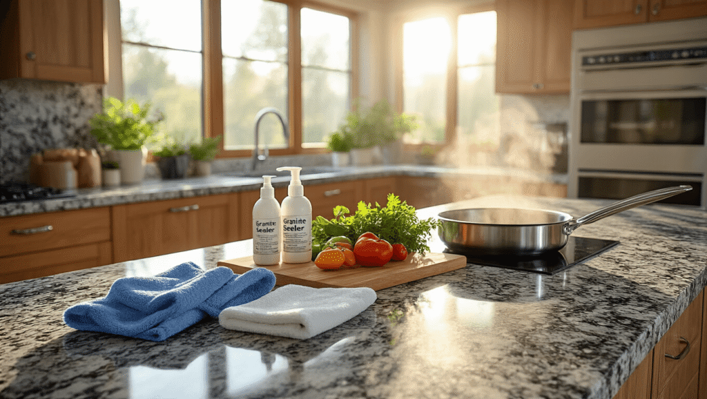 Cinematic close-up of luxurious granite countertops in a modern kitchen, featuring intricate veining, cleaning essentials, and warm lighting, highlighting texture and sophistication.
