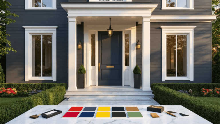 The Ultimate Guide to Front Door Colors for Gray Houses: Transforming Your Home's Curb Appeal Elegant modern gray house exterior showcasing vibrant front door color swatches on a pristine marble surface, with warm golden hour lighting and lush landscaping, capturing sophisticated home design aesthetics.