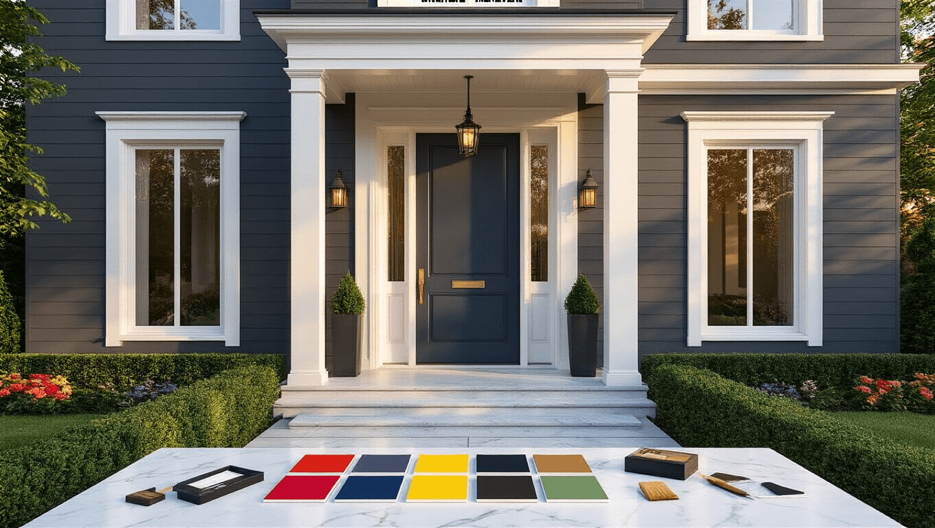 Elegant modern gray house exterior showcasing vibrant front door color swatches on a pristine marble surface, with warm golden hour lighting and lush landscaping, capturing sophisticated home design aesthetics.