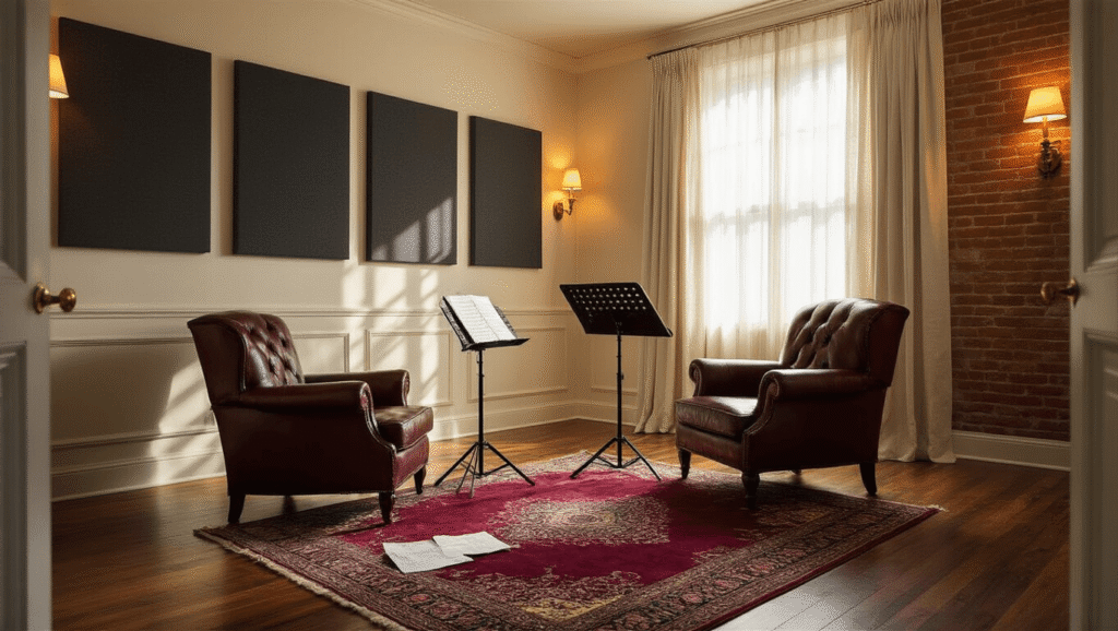 Cinematic interior of an intimate music room featuring charcoal acoustic panels, rich mahogany floors, a vintage leather armchair, and warm golden lighting, with guitars displayed on shelves and a plush ottoman, creating a cozy and inviting atmosphere.