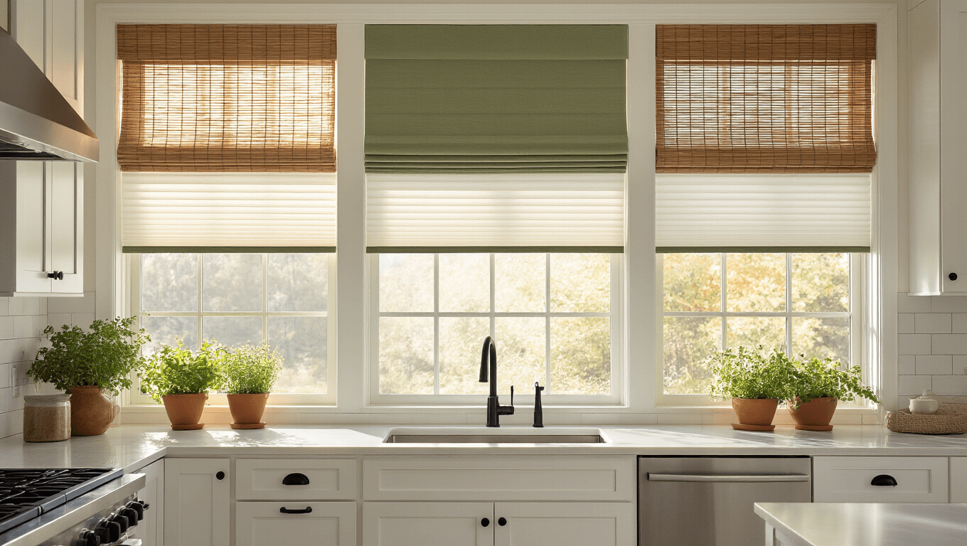 Elegant modern kitchen with layered window treatments, including white cellular shades, sage green Roman shades, and bamboo blinds, beautifully lit by golden hour sunlight, highlighting quartz countertops and shaker cabinets, with fresh herbs on the windowsill and soft shadows enhancing textures.
