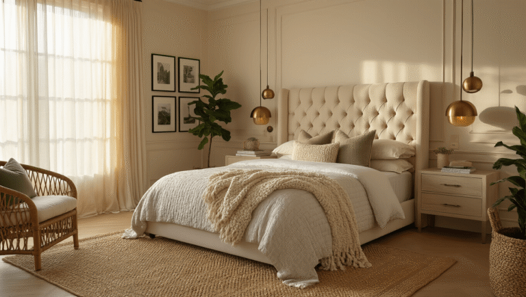 Beige Bedroom Inspiration: Creating a Serene Sanctuary of Sophistication A luxurious beige bedroom sanctuary with a tufted cream velvet headboard, warm golden hour lighting, rich textures, and organic materials, featuring a cozy quilted bedspread, layered knit throws, and ambient brass lighting.