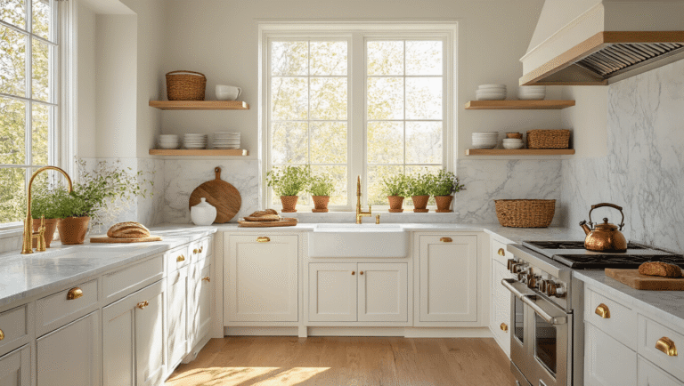 Shaker Cabinets: The Ultimate Guide to Timeless Kitchen Design Luxurious kitchen with white Shaker cabinets, Calacatta marble countertops, oak hardwood floors, and soft morning sunlight, featuring brass pulls, fresh herbs, open shelving, and rustic accents like artisan bread and a steaming copper kettle.
