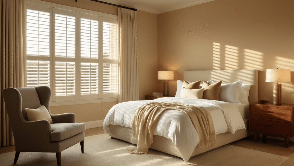 Ultimate Guest Bedroom Ideas: Creating a Welcoming Retreat for Your Visitors A luxurious guest bedroom with warm neutral tones, featuring a queen bed with layered plush bedding, mid-century modern nightstands, a dove gray reading chair, and elegant decor elements that create an inviting and comfortable atmosphere.