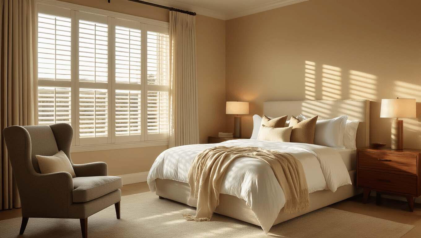 A luxurious guest bedroom with warm neutral tones, featuring a queen bed with layered plush bedding, mid-century modern nightstands, a dove gray reading chair, and elegant decor elements that create an inviting and comfortable atmosphere.