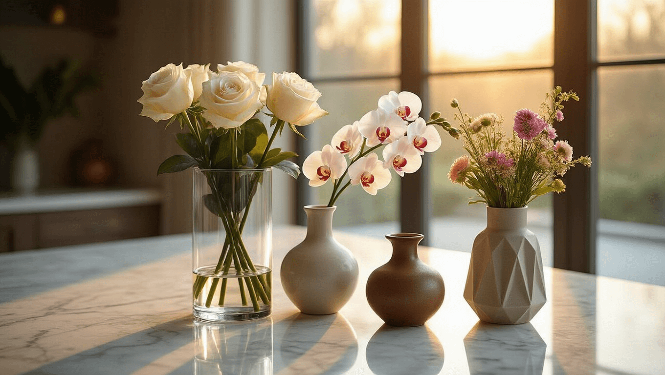 Elegant marble countertop showcasing a curated collection of vase types, including a glass cylinder vase with white roses, a trumpet vase with orchids, a ceramic bud vase with a peony, and a geometric vase with wildflowers, all bathed in warm golden hour light, surrounded by vintage scissors and eucalyptus sprigs.