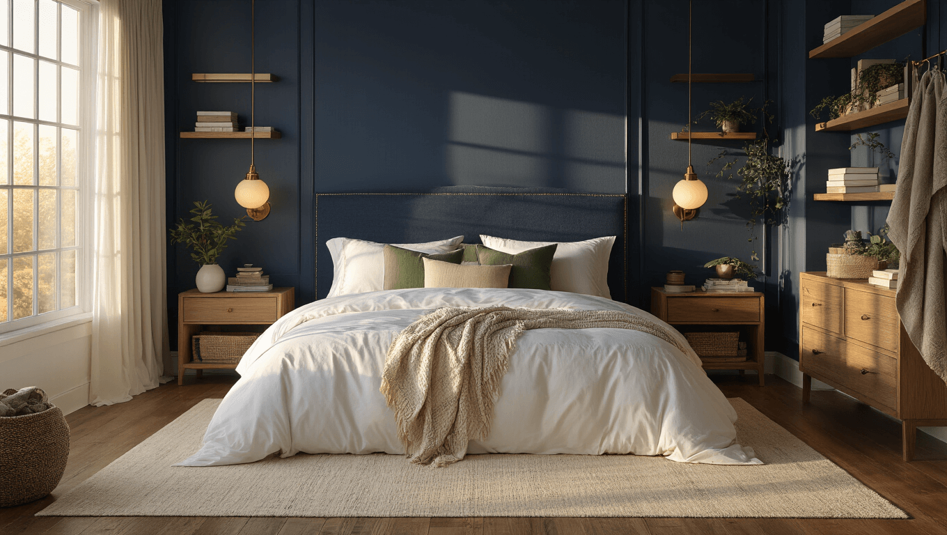 A luxurious master bedroom with a navy accent wall, layered white bedding, brass lamps, and warm natural lighting, featuring rich textures and cozy decor elements.