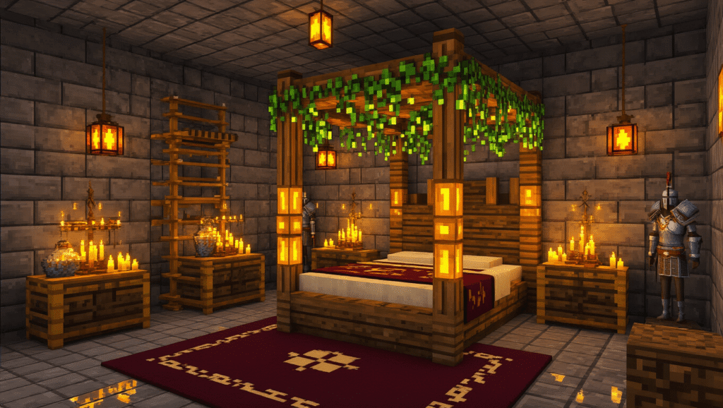 Cinematic wide-angle shot of a luxurious Minecraft bedroom featuring a four-poster bed, warm amber lighting from lanterns and glowberries, ornate brewing stands as nightstands, deep burgundy carpet, and polished quartz flooring, creating a cozy and inviting atmosphere with a rich color palette.