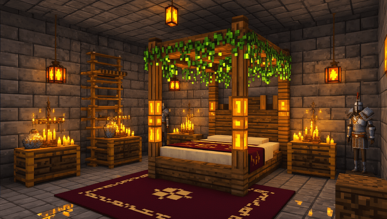 Cinematic wide-angle shot of a luxurious Minecraft bedroom featuring a four-poster bed, warm amber lighting from lanterns and glowberries, ornate brewing stands as nightstands, deep burgundy carpet, and polished quartz flooring, creating a cozy and inviting atmosphere with a rich color palette.